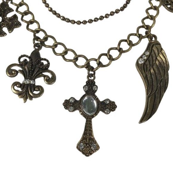 NWT Cookie Lee 3-Tiered Multi-Strand Charm Necklace w/Faux Pearls Crystals Glass - Picture 4 of 10